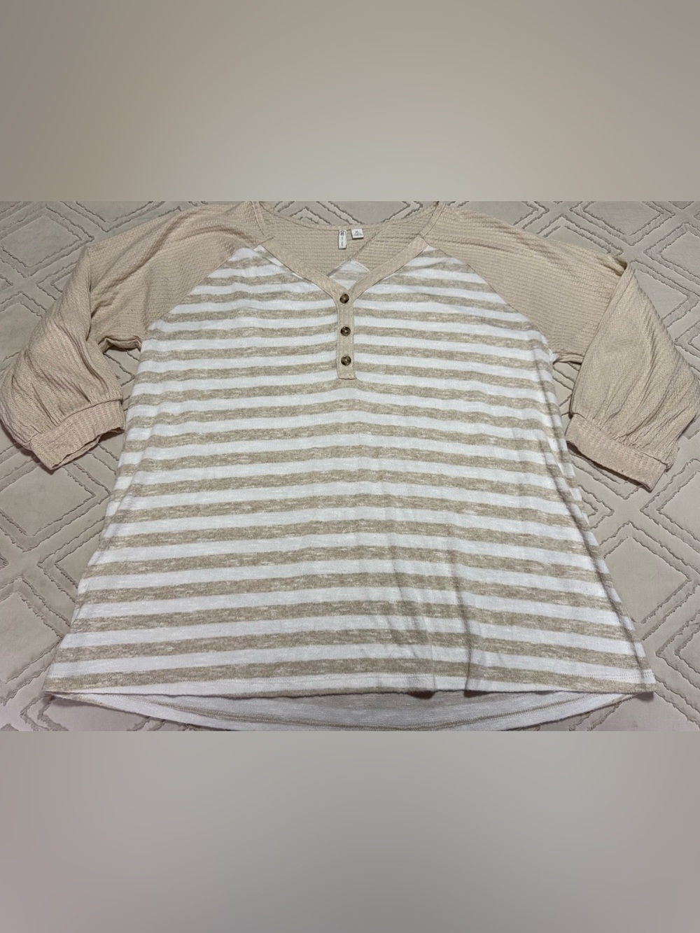 Striped Beige & White Henley Pullover Top